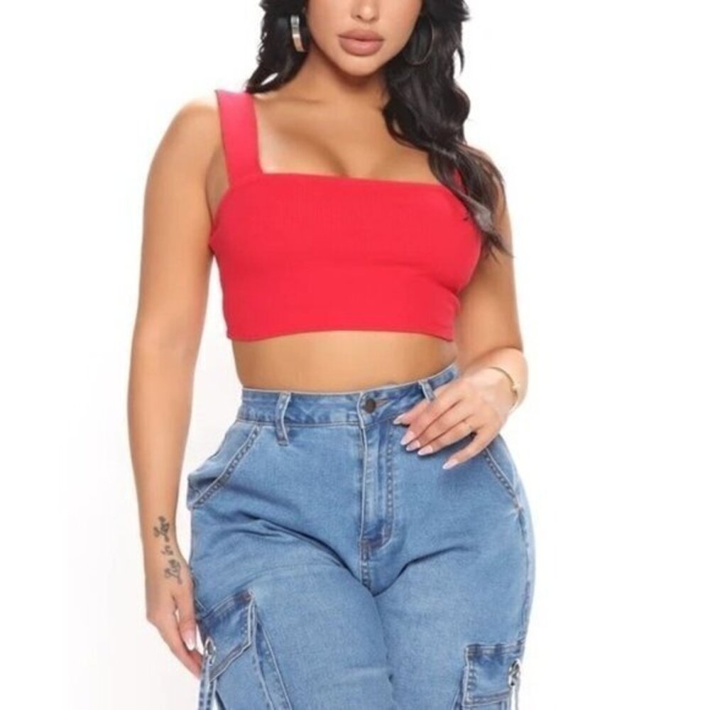 Ambiance Red Cotton Blend Square Neck Wide‎ Straps Crop Tank Size S RefFNB